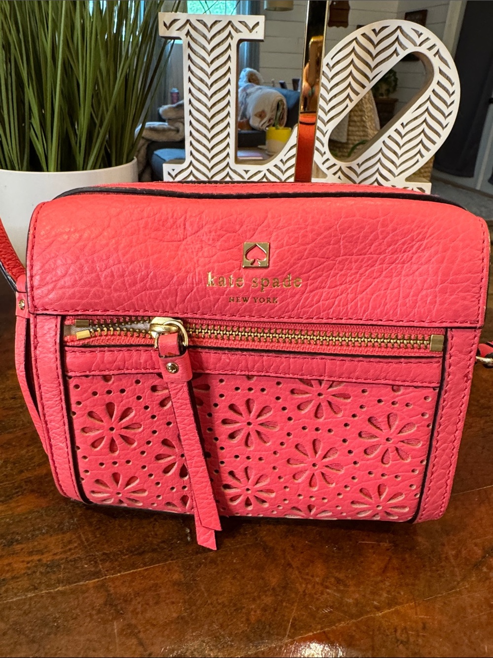 kate spade Coral Pink Leather Floral Laser-Cut Crossbody